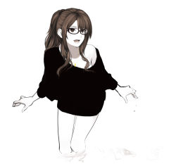 Rule 34 | 1girl, black shirt, chain, colored skin, cross, cross necklace, fleur-de-lis, glasses, gold chain, highres, in water, jewelry, long hair, monochrome, necklace, off shoulder, open mouth, original, poaro, ponytail, ripples, shirt, signature, solo, spot color, standing, wading, water, water drop, white background, white skin