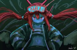 Rule 34 | 1girl, absurdres, blue skin, colored skin, crop top, goggles, goggles on head, grin, hair between eyes, hands in pockets, highres, horns, invaders (record label), invtam, jacket, long hair, long sleeves, looking at viewer, midriff, open clothes, open jacket, open mouth, py-2, red eyes, red hair, sharp teeth, smile, solo, striped clothes, striped jacket, teeth, twintails
