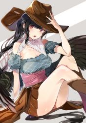 Rule 34 | 1girl, arm support, ass, bandana, bare shoulders, black hair, black wings, blue shirt, blush, boots, breasts, brown footwear, brown hat, brown skirt, cleavage, collarbone, commentary request, cowboy hat, feathered wings, feet out of frame, frills, grey background, hat, head tilt, highres, knee boots, knees up, kurokoma saki, long hair, looking at viewer, medium breasts, miniskirt, off-shoulder shirt, off shoulder, open mouth, pleated skirt, ponytail, puffy short sleeves, puffy sleeves, red eyes, satoupote, shirt, short sleeves, sidelocks, skirt, solo, thighs, touhou, wings