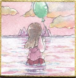 Rule 34 | 1girl, balloon, border, brown hair, cloud, cloudy sky, commentary request, facing away, floating hair, from behind, hair down, hand up, holding, holding balloon, koto (patina375887), long hair, long sleeves, madotsuki, mountain, painting (medium), photo-referenced, pink sky, pink sweater, pink water, red skirt, reflection, reflective water, ripples, shikishi, skirt, sky, solo, sweater, traditional media, wading, watercolor (medium), yellow border, yume nikki