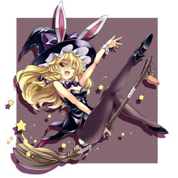 Rule 34 | 1girl, animal ears, black pantyhose, blonde hair, bow, braid, broom, carrot, ears through headwear, female focus, full body, hair bow, hat, high heels, kirisame marisa, leotard, one eye closed, pantyhose, playboy bunny, rabbit ears, rabbit tail, shoes, simple background, solo, star (symbol), tail, touhou, touya (the-moon), wink, witch, witch hat, wrist cuffs, yellow eyes