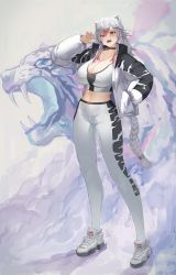 Rule 34 | 1girl, animal, animal ear fluff, animal ears, animal print, black choker, black jacket, blush, braid, chinese zodiac, choker, claw pose, clothes writing, collarbone, fangs, fingernails, full body, grey hair, hair between eyes, hand in pocket, highres, jacket, long hair, multicolored hair, nail polish, navel, open clothes, open jacket, open mouth, original, plaster (2501), red hair, shoes, signature, sneakers, standing, tiger, tiger ears, tiger girl, tiger print, very long hair, white jacket, white legwear, white tiger, year of the tiger, yellow eyes