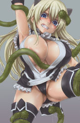 Rule 34 | 1girl, armpits, asanagi, bad anatomy, bad proportions, blonde hair, blue eyes, breasts, druaga no tou, fangs, fatina, gothic lolita, grey background, huge breasts, lolita fashion, poorly drawn, simple background, solo, tentacles, tentacles under clothes, thighhighs