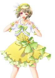 Rule 34 | 1girl, artist name, artist request, bare legs, blush, bow, breasts, brown hair, collarbone, crescent, crescent hair ornament, cross-laced clothes, cross-laced dress, diamond (love live!), dress, dress bow, feathers, female focus, frilled dress, frills, green bow, green ribbon, grey hair, hair ornament, hat, hat feather, highres, light brown hair, looking at viewer, love live!, love live! nijigasaki high school idol club, love live! school idol festival, nakasu kasumi, one eye closed, parted lips, pointing, pointing at self, purple eyes, red eyes, ribbon, short hair, skirt, small breasts, smile, solo, star (symbol), star hair ornament, white background, white feathers, wrist cuffs, yellow bow, yellow dress, yellow hat, yellow ribbon, yellow skirt, yellow wrist cuffs, yyynrp ll