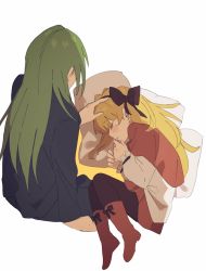 Rule 34 | 1boy, 1girl, black jacket, black pants, blonde hair, boots, bow, bow hairband, brown hairband, brown pantyhose, capelet, closed eyes, cropped legs, facing away, footwear bow, full body, green hair, hairband, headpat, highres, jacket, lobotomy corporation, long hair, lying, mu46016419, netzach (project moon), on side, orange capelet, orange footwear, orange skirt, pants, pantyhose, pillow, project moon, shirt, simple background, skirt, sleeping, tiphereth a (project moon), white background, white shirt