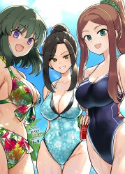 Rule 34 | 3girls, alternate hairstyle, aqua eyes, aqua one-piece swimsuit, armpits, arms at sides, beach, bikini, black hair, blue one-piece swimsuit, breasts, brown hair, can, character request, cleavage, clenched hand, clenched teeth, collarbone, competition swimsuit, covered navel, dark-skinned female, dark skin, day, eyelashes, female focus, floral print, frilled bikini, frills, green bikini, green eyes, green hair, groin, hair ornament, hair scrunchie, happy, highres, holding, holding can, idolmaster, idolmaster cinderella girls, japanese text, large breasts, legs, long hair, looking at viewer, medium hair, midriff, mukai takumi, multicolored bikini, multicolored clothes, multiple girls, namco, natalia (idolmaster), navel, neck, one-piece swimsuit, open mouth, outdoors, parted bangs, parted lips, ponytail, purple eyes, scrunchie, shiny skin, sideboob, sidelocks, sin moriyama, sky, smile, smirk, sparkle, standing, summer, sunlight, swept bangs, swimsuit, teeth, thigh gap, thighs, water drop, wide hips