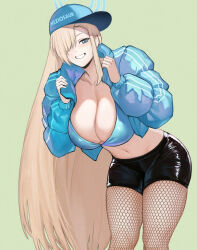 Rule 34 | 1girl, asuna (blue archive), baseball cap, black shorts, blonde hair, blue archive, blue eyes, blue hat, blue jacket, breasts, cleavage, commentary, cowboy shot, english commentary, fishnet pantyhose, fishnets, green background, grin, hat, jacket, large breasts, long hair, looking at viewer, meziosaur, midriff, navel, pantyhose, pantyhose under shorts, short shorts, shorts, simple background, smile, solo, standing, stomach, thighs, very long hair