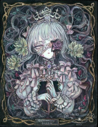 Rule 34 | 1girl, acrylic paint (medium), brooch, commentary request, crown, dagger, doll, dress, expressionless, eyepatch, flower, flower eyepatch, grey eyes, grey hair, highres, holding, holding dagger, holding knife, holding weapon, jewelry, knife, lace, long hair, looking at viewer, original, painting (medium), pale skin, parted lips, portrait, ribbon, solo, sumire shisei, traditional media, wavy hair, weapon