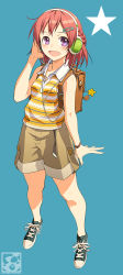 Rule 34 | 1girl, backpack, bag, braid, converse, french braid, full body, hair ornament, hairclip, headphones, highres, no legwear, no socks, original, pairan, purple eyes, red hair, shirt, shoes, shorts, simple background, sleeveless, smile, sneakers, solo, striped clothes, striped shirt