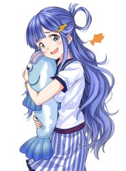 Rule 34 | + +, 1girl, blue eyes, blue hair, bracelet, breasts, cleavage, fish, fish hair ornament, from side, hair ornament, hair rings, hug, jewelry, long hair, matching hair/eyes, mirai denki, open mouth, original, skirt, smile, solo, striped clothes, striped skirt, vertical-striped clothes, vertical-striped skirt