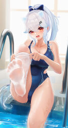Rule 34 | 1girl, ass, bare arms, bare shoulders, blue one-piece swimsuit, bow, breasts, cleavage, clothing cutout, collarbone, competition swimsuit, covered navel, feet, hair bow, hair ornament, hairclip, highleg, highleg swimsuit, highres, large breasts, leg up, legs, liu liaoliao, long hair, looking at viewer, one-piece swimsuit, open mouth, original, ponytail, poolside, red eyes, side cutout, sidelocks, soles, solo, swimsuit, thighhighs, thighs, toes, undressing, water, wet, wet thighhighs, white hair, white thighhighs, yile (liu liaoliao)