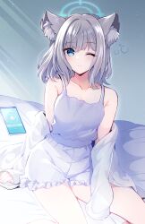 Rule 34 | 1girl, animal ear fluff, animal ears, blue archive, blue eyes, blush, breasts, camisole, cellphone, closed mouth, collarbone, feet out of frame, frilled shorts, frills, grey hair, halo, highres, long sleeves, looking at viewer, off shoulder, on bed, one eye closed, open clothes, open shirt, phone, shiroko (blue archive), shirt, short hair, shorts, sitting, sleeves past wrists, smartphone, solo, squeans, sunlight, white camisole, white shirt, wolf ears, yozorasiba