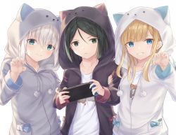 Rule 34 | 1boy, 2girls, animal hood, black hair, black jacket, blonde hair, blue bow, blue eyes, blunt bangs, blush, bow, breasts, candy, cat hood, claw pose, collarbone, commentary request, fate/grand order, fate (series), food, girl sandwich, gray (fate), green eyes, grey hair, grey jacket, grin, handheld game console, highres, holding, holding handheld game console, hood, hood up, hooded jacket, jacket, lollipop, long hair, long sleeves, looking at viewer, lord el-melloi ii case files, multiple girls, nattsu (nattu888 8), nintendo switch, open clothes, open jacket, partially unzipped, reines el-melloi archisorte, sandwiched, shirt, short hair, small breasts, smile, waver velvet, white jacket, white shirt