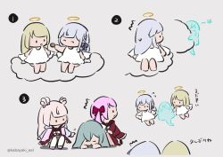 Rule 34 | 5girls, :o, ^^^, ^ ^, angel, angel wings, aqua hair, arm at side, arms at sides, assault lily, bare arms, bare legs, barefoot, blonde hair, blue jacket, blunt bangs, bow, bowtie, braid, brown footwear, brown sailor collar, chibi, closed eyes, closed mouth, cloud, comic, cookie, crossed bangs, dress, dual persona, facing away, feeding, flower (symbol), flying, flying sweatdrops, food, frilled skirt, frills, ghost, grey background, grey hair, hair ribbon, halo, hand on another&#039;s back, hand up, hands up, highres, holding, holding cookie, holding food, holding hands, hood, hood down, hooded jacket, jacket, kabayaki (kabayaki eel), kanba girls high school uniform, kon kanaho, long hair, long sleeves, looking at another, looking back, lying, miniskirt, miyagawa takane, motion lines, multicolored clothes, multicolored jacket, multiple girls, no mouth, on cloud, on stomach, open clothes, open jacket, outstretched arm, outstretched arms, pantyhose, parted lips, peeking out, pink bow, pink footwear, pink hair, pink jacket, poking, profile, purple ribbon, red bow, red shirt, red skirt, ribbon, sadamori himeka, sailor collar, school uniform, serafuku, shirt, shoes, short dress, side braid, simple background, sitting, skirt, sleeveless, sleeveless dress, smile, solid circle eyes, sweatdrop, tanba akari, toki kureha, translated, twintails, twitter username, unconscious, white bow, white bowtie, white dress, white pantyhose, white wings, wings