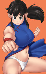 Rule 34 | 1girl, black eyes, black hair, blue dress, blunt bangs, blush, breasts, chi-chi (dragon ball), china dress, chinese clothes, commentary request, commission, cowboy shot, dragon ball, dress, floating hair, furrowed brow, highres, incoming attack, incoming punch, large breasts, lips, looking at viewer, navel, nemui333, orange background, panties, ponytail, punching, sidelocks, simple background, sleeveless, sleeveless dress, smile, solo, taut clothes, taut dress, thighs, underwear, white panties, wristband