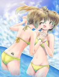 Rule 34 | 2girls, bikini, blush, breasts, brown eyes, brown hair, cleavage, cloud, day, futami ami, futami mami, green bikini, holding hands, idolmaster, idolmaster (classic), interlocked fingers, kurotora865 90, looking at viewer, multiple girls, navel, open mouth, outdoors, own hands together, short hair, siblings, side ponytail, sisters, sky, small breasts, smile, swimsuit, tattoo, twins, wading, water