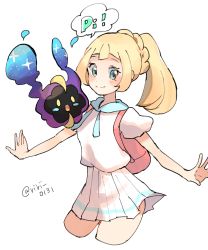 Rule 34 | 1girl, artist name, backpack, bad id, bad pixiv id, bag, blonde hair, blush, blush stickers, braid, closed mouth, cosmog, creatures (company), cropped legs, female focus, french braid, game freak, gen 7 pokemon, green eyes, happy, highres, legendary pokemon, lillie (pokemon), looking to the side, miniskirt, nintendo, open mouth, outstretched arms, pleated skirt, pokemon, pokemon (creature), pokemon sm, ponytail, ririmon, shirt, short sleeves, signature, simple background, skirt, smile, speech bubble, standing, twitter username, white background, white shirt, white skirt