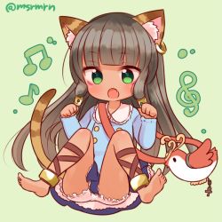 Rule 34 | 1girl, :o, animal ears, ankh, anklet, bad id, bad pixiv id, barefoot, bastet (p&amp;d), bird, black hair, bloomers, blush, cat ears, cat tail, dark-skinned female, dark skin, earrings, fang, green background, green eyes, hair tubes, hoop earrings, horus (p&amp;d), jewelry, long hair, mashiro miru, open mouth, puzzle &amp; dragons, simple background, single earring, skirt, solo, tail, twitter username, underwear