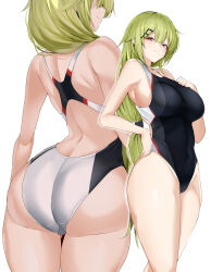Rule 34 | 1girl, absurdres, alternate costume, arched back, ass, back cutout, bare arms, bare shoulders, black one-piece swimsuit, blush, breasts, closed mouth, clothing cutout, commission, competition swimsuit, criss-cross back-straps, from behind, girls&#039; frontline, green eyes, grey headwear, groin, hair ornament, hairclip, highleg, highleg swimsuit, highres, impossible clothes, impossible swimsuit, large breasts, long hair, looking at viewer, maruyaa (malya1006), median furrow, mk48 (girls&#039; frontline), multiple views, one-piece swimsuit, red eyes, simple background, skeb commission, smile, swimsuit, taut clothes, taut swimsuit, thighs, trefoil, two-tone one-piece swimsuit, white background, white one-piece swimsuit