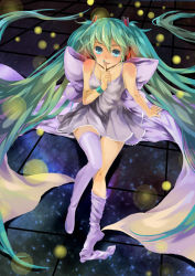 Rule 34 | 1girl, aqua eyes, aqua hair, arm support, bad id, bad pixiv id, bow, dress, finger to mouth, hatsune miku, highres, koyuiko, legs, long hair, looking at viewer, shushing, sitting, solo, thighhighs, thighhighs pull, twintails, very long hair, vocaloid