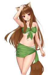 Rule 34 | 1girl, alternate costume, animal ears, bikini, brown hair, collarbone, commentary, front-tie bikini top, front-tie top, green bikini, hand on own head, holo, kirishima itsuki, layered bikini, long hair, looking away, navel, red eyes, simple background, solo, spice and wolf, swimsuit, tail, white background, wolf ears, wolf girl, wolf tail