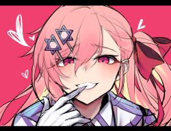 Rule 34 | 1girl, biting, blush, girls&#039; frontline, glove biting, gloves, grin, hair ornament, hair ribbon, heart, hexagram, highres, jingo, letterboxed, long hair, looking at viewer, negev (girls&#039; frontline), one side up, pink background, pink hair, red eyes, red ribbon, ribbon, shirt, sidelocks, sketch, smile, solo, star of david, teeth, uniform, upper body, white gloves, white shirt