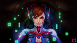 Rule 34 | 1girl, animal print, armor, artist name, bodysuit, brown eyes, brown hair, closed mouth, cube, d.va (overwatch), eyelashes, facepaint, facial mark, headphones, high collar, highres, hologram, lips, long hair, looking at viewer, overwatch, overwatch 1, pauldrons, phungdinhdung, pilot suit, pink lips, rabbit print, ribbed bodysuit, shoulder armor, shoulder pads, solo, turtleneck, upper body, whisker markings