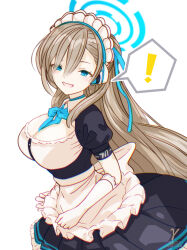 ! 1girl apron artist_logo artist_name asuna_(blue_archive) black_dress blue_archive blue_bow blue_bowtie blue_eyes bow bowtie breasts cleavage dress gloves grey_hair hair_between_eyes halo large_breasts logo long_hair maid maid_headdress open_mouth short_sleeves smile solo spoken_exclamation_mark takasaka_light waist_apron white_apron white_gloves