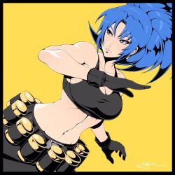 Rule 34 | 1girl, bare shoulders, black gloves, black pants, black tank top, blue eyes, blue hair, breasts, cleavage, earrings, fighting stance, gas can, gloves, highres, its just suppi, jewelry, large breasts, leona heidern, long hair, midriff, military, muscular, muscular female, navel, pants, ponytail, signature, snk, soldier, solo, tank top, the king of fighters, yellow background