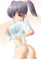 Rule 34 | 1girl, ass, black hair, breasts, cleavage, covered erect nipples, front-tie top, fundoshi, huge breasts, japanese clothes, kourourin, mizu happi, purple eyes, shirt, short hair, solo, tied shirt, twintails, wedgie