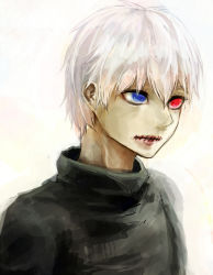 Rule 34 | 1boy, black shirt, blue eyes, from side, grey background, heterochromia, kaneki ken, male focus, open mouth, red eyes, shirt, short hair, simple background, solo, stitched mouth, stitches, straw like, tokyo ghoul, upper body, white hair
