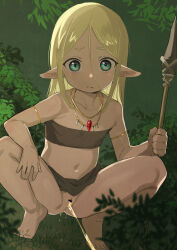 1girl bar_censor barefoot blonde_hair censored cleft_of_venus closed_mouth collarbone commentary_request dark-skinned_female dark_skin female_focus flat_chest green_eyes hair_between_eyes highres holding holding_polearm holding_spear holding_weapon jewelry loli lolicom long_hair looking_at_viewer navel necklace original outdoors pee peeing pointy_ears polearm pussy solo spear spread_legs squatting tiptoes toes weapon