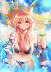 Rule 34 | 1girl, absurdres, adjusting clothes, adjusting headwear, animal ear fluff, animal ears, bad id, bad pixiv id, bikini, blue bikini, blush, breasts, cleavage, collarbone, covered navel, day, ears through headwear, fate/grand order, fate (series), fox ears, hat, highres, large breasts, looking at viewer, ocean, outdoors, pink hair, shirt, side-tie bikini bottom, solo, straw hat, swimsuit, tamamo (fate), tamamo no mae (fate/extra), tamamo no mae (swimsuit lancer) (fate), tamamo no mae (swimsuit lancer) (second ascension) (fate), wet, wet clothes, wet shirt, yellow eyes