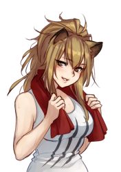 Rule 34 | 1girl, animal ear fluff, animal ears, arknights, bare arms, bare shoulders, breasts, brown eyes, brown hair, commentary, english commentary, eyes visible through hair, hair between eyes, highres, large breasts, lion ears, long hair, looking at viewer, monorus, parted lips, red towel, shirt, siege (arknights), simple background, sleeveless, sleeveless shirt, smile, solo, sweat, towel, towel around neck, upper body, white background, white shirt