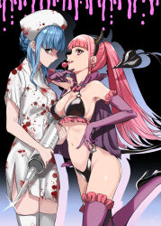 Rule 34 | 2girls, arm up, armpits, barefoot, bat earrings, between fingers, bikini, black background, black hairband, blood, blood on clothes, blue hair, blush, braid, breasts, brown eyes, candy, closed mouth, demon tail, earrings, elbow gloves, fake horns, fang, fire emblem, fire emblem: three houses, food, frilled bikini, frilled gloves, frills, glint, gloves, hairband, halloween, halloween costume, hat, heart o-ring, heart ring bottom, highres, hilda valentine goneril, holding, holding food, holding syringe, horns, jewelry, licking, lollipop, long hair, looking at viewer, marianne von edmund, medium breasts, misu kasumi, multiple girls, nintendo, nurse, nurse cap, o-ring, o-ring bikini, o-ring top, oversized object, pink eyes, pink hair, profile, purple background, purple gloves, revision, shaded face, short hair, short sleeves, sidelocks, simple background, swimsuit, syringe, tail, teeth, thighhighs, tongue, tongue out, torn clothes, twintails, upper teeth only, very long hair, white legwear