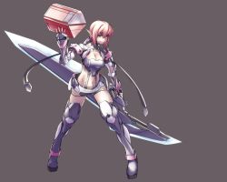 Rule 34 | 1girl, arm up, boots, box, breasts, cleavage, cleavage cutout, clothing cutout, energy sword, energy weapon, grey background, grin, highres, holding, huge weapon, hunewearl, looking at viewer, midriff, navel, neighbor quartz, phantasy star, phantasy star online 2, pointy ears, red hair, short hair, sidelocks, smile, solo, standing, sue (pso2), sword, tamamu, thigh boots, thighhighs, weapon, yellow eyes