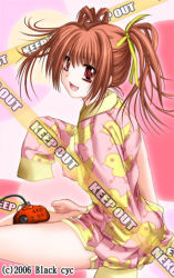 Rule 34 | 1girl, barefoot, bird, breasts, brown hair, controller, duck, female focus, game controller, gore screaming show, kazuyagi akane, lowres, open clothes, open shirt, pajamas, red eyes, ribbon, shirt, sitting, smile, solo, twintails, ueda metawo