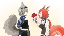 Rule 34 | 2girls, ^ ^, animal ears, arknights, armor, ashlock (arknights), black shirt, bouquet, closed eyes, cowboy shot, ear covers, ear tag, fang, flametail (arknights), flower, from side, gauntlets, grey hair, hands up, holding, holding bouquet, material growth, midriff, multiple girls, navel, open mouth, oripathy lesion (arknights), profile, red flower, red hair, shirt, short hair, short hair with long locks, simple background, squirrel ears, squirrel girl, squirrel tail, tail, toto (t0t00629), visor (armor), visor lift, white background, yuri
