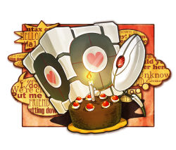 Rule 34 | cake, candle, food, heart, keisuke (pixiv42454), no humans, portal (series), portal 1, sentry turret (portal), valve, aperture science weighted companion cube