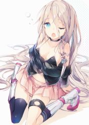 Rule 34 | 1girl, ;o, absurdres, ahoge, aqua eyes, arm support, artist request, bad id, bad nicoseiga id, bare shoulders, black thighhighs, blonde hair, boots, braid, breasts, choker, cleavage, collarbone, highres, ia (vocaloid), long hair, looking at viewer, mizuya (caxas328), navel, off shoulder, one eye closed, open mouth, single thighhigh, sitting, skirt, solo, thigh strap, thighhighs, twin braids, very long hair, vocaloid, wariza, white footwear