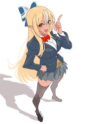 Rule 34 | 1girl, alternate costume, black footwear, black jacket, black thighhighs, blazer, blonde hair, blue bow, bow, bowtie, breasts, brown cardigan, cardigan, collared shirt, commentary, dark-skinned female, dark skin, from above, full body, grey skirt, hair between eyes, hair bow, hand on own hip, highres, hololive, index finger raised, jacket, komipe512, legs apart, loafers, long hair, long sleeves, looking at viewer, medium breasts, miniskirt, multicolored hair, open mouth, orange eyes, pleated skirt, pointy ears, red bow, red bowtie, school uniform, shadow, shiranui flare, shirt, shoes, signature, simple background, skirt, smile, solo, standing, streaked hair, symbol-only commentary, thighhighs, two-tone hair, v-shaped eyebrows, virtual youtuber, white background, white hair, white shirt, wing collar, zettai ryouiki