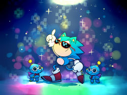Rule 34 | aimf, animal ears, arm up, blue background, blue fur, blue hair, blue theme, body fur, bow, bowtie, chao (sonic), cheese (sonic), closed mouth, dancing, disco, disco ball, full body, furry, furry male, gloves, happy, heel up, index finger raised, necktie, red-framed eyewear, red bow, red bowtie, red footwear, red necktie, round eyewear, shoes, sideways mouth, sketch, smile, socks, sonic (series), sonic the hedgehog, sonic the hedgehog (classic), sparkle, spiked hair, standing, sunglasses, tail, traditional bowtie, white-framed eyewear, white gloves, white legwear