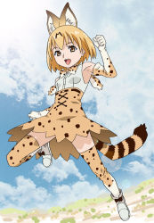 Rule 34 | 10s, 1girl, :d, amano yo-ki, animal ears, anime coloring, armpits, bare shoulders, belt, blonde hair, bow, bowtie, breasts, brown eyes, clenched hands, cloud, day, elbow gloves, full body, gloves, high-waist skirt, jumping, kemono friends, leg up, lens flare, open mouth, outdoors, serval (kemono friends), serval print, serval tail, shirt, shoes, short hair, skirt, sky, sleeveless, sleeveless shirt, small breasts, smile, solo, striped tail, tail, thighhighs, white footwear, white shirt