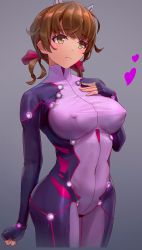 Rule 34 | 1girl, absurdres, blush, bodysuit, breasts, brown eyes, brown hair, cosplay, covered erect nipples, covered navel, cowboy shot, fingerless gloves, gloves, guilty crown, hair ribbon, heart, highres, large breasts, low twintails, menjou hare, ribbon, short hair, short twintails, skin tight, solo, tarou (user tpmh7442), tsugumi (guilty crown), tsugumi (guilty crown) (cosplay), twintails