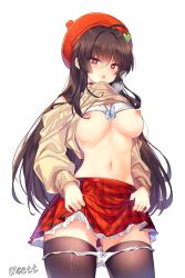 Rule 34 | 1girl, ahoge, artist name, black choker, black thighhighs, blue bow, blush, bow, bow bra, bow panties, bra, breasts, brown hair, choker, clothes lift, gluteal fold, hair ornament, hairclip, hat, heart, heart-shaped pupils, heart hair ornament, heavy breathing, highres, iris yuma, large breasts, long hair, long sleeves, looking at viewer, maett, navel, nipples, open mouth, panties, panty pull, plaid, plaid skirt, red eyes, red hat, red skirt, skirt, skirt hold, solo, soulworker, standing, stomach, symbol-shaped pupils, thighhighs, underwear, very long hair, white background, white bra, white panties