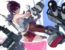 Rule 34 | 1girl, adapted turret, ahoge, anchor symbol, blush, breasts, brown eyes, cannon, dated, gegeron, gloves, highres, kantai collection, looking at viewer, machinery, mast, open mouth, pleated skirt, purple hair, red skirt, rigging, sakawa (kancolle), school uniform, serafuku, short hair, signature, single thighhigh, skirt, sleeveless, small breasts, smile, smokestack, solo, thighhighs, torpedo, torpedo launcher, torpedo tubes, turret, white background, white gloves
