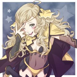 Rule 34 | 1girl, ahoge, blonde hair, bodystocking, breasts, bridal gauntlets, cape, covered navel, fire emblem, fire emblem fates, grey eyes, looking at viewer, medium breasts, mojakkoro, nintendo, one eye closed, open mouth, ophelia (fire emblem), smile, solo, star (symbol), turtleneck
