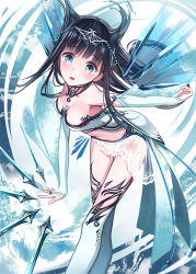 Rule 34 | 1girl, :o, armpits, bare shoulders, black hair, blue eyes, blush, breasts, bridal gauntlets, choker, cleavage, collarbone, detached sleeves, gradient background, long hair, looking at viewer, miniskirt, open mouth, original, revealing clothes, see-through, skirt, solo, thighhighs, tiara, white thighhighs, wings, yasuno (airy light)