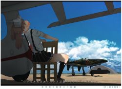 Rule 34 | 10s, 2girls, aircraft, airfield, airplane, black hair, blue sky, brown eyes, brown hair, chair, cloud, commentary request, day, fairy (kancolle), from behind, hangar, j7w shinden, kantai collection, kitsuneno denpachi, kneehighs, landing gear, looking at viewer, looking back, multiple girls, open mouth, pleated skirt, propeller, ryuujou (kancolle), shadow, shinden (kancolle), shirt, sitting, skirt, sky, socks, suspenders, translation request, twintails, vehicle focus, visor cap, white shirt