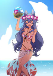 Rule 34 | 1girl, adapted costume, animal ears, beach, bikini, blue hair, bowl, breasts, cat ears, cleavage, closed eyes, cloud, commentary request, dated commentary, day, eye mask, feet out of frame, flower, food, goinkyo, hair between eyes, head wreath, holding, holding bowl, horizon, kawagoe pochi, long hair, medium breasts, navel, ocean, open mouth, outdoors, pink flower, poring, ragnarok online, red bikini, sarong, see-through sarong, shaved ice, smile, solo, sorcerer (ragnarok online), spoon, strapless, strapless bikini, swimsuit, themed object, water